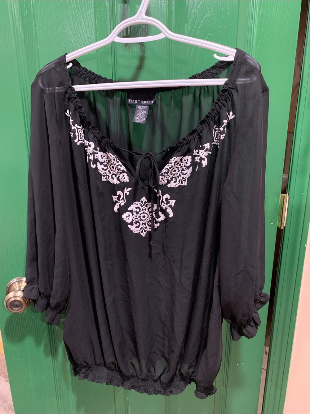 Marianne Black Peasant Tunic with White Embroidery